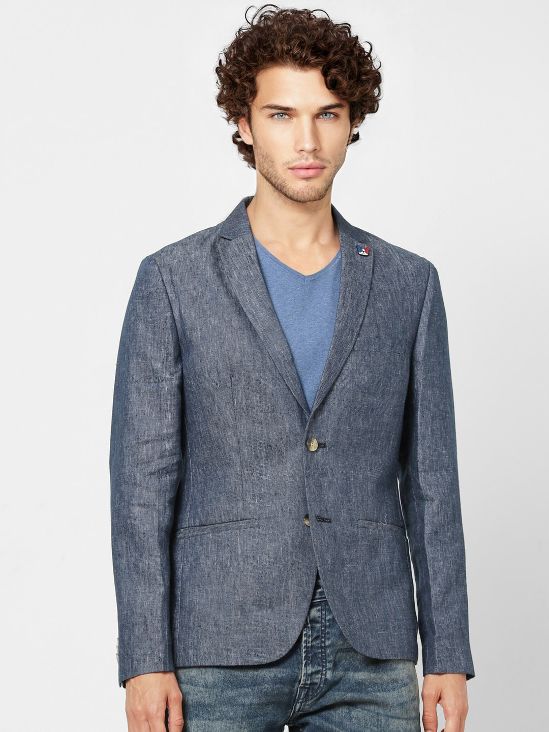 

Jack & Jones Men Blue Solid Denim Slim-Fit Single-Breasted Casual Blazer