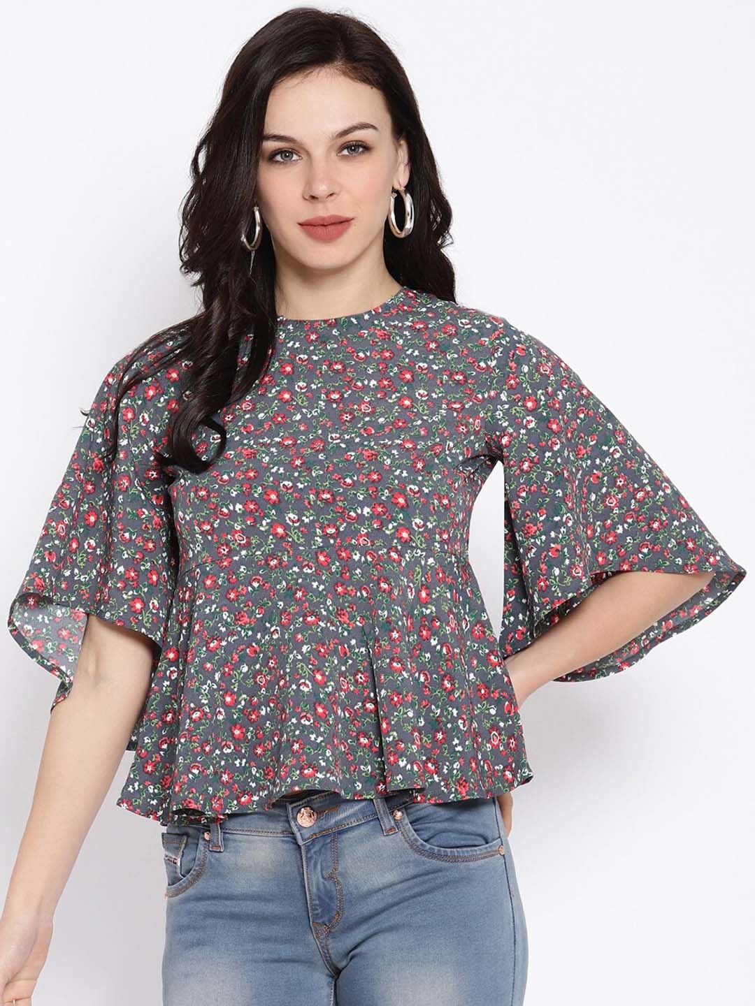 

House Of Kkarma Grey Floral Printed Flared Sleeves Crepe Peplum Top