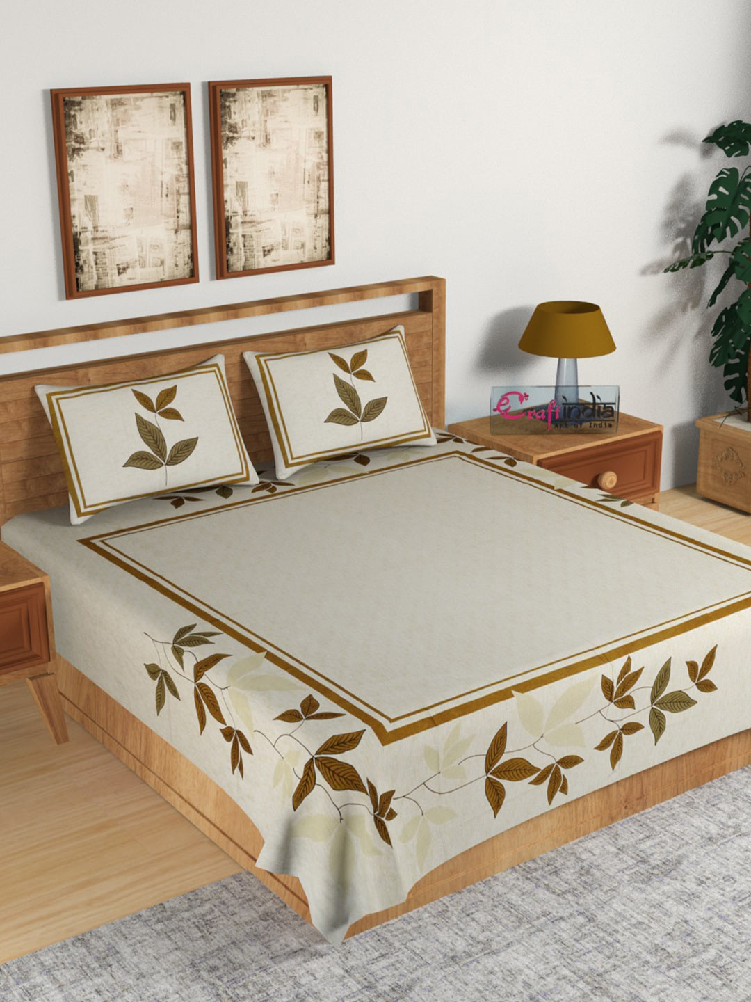 

eCraftIndia Beige & Camel Brown Floral 180 TC Cotton 1 King Bedsheet with 2 Pillow Covers