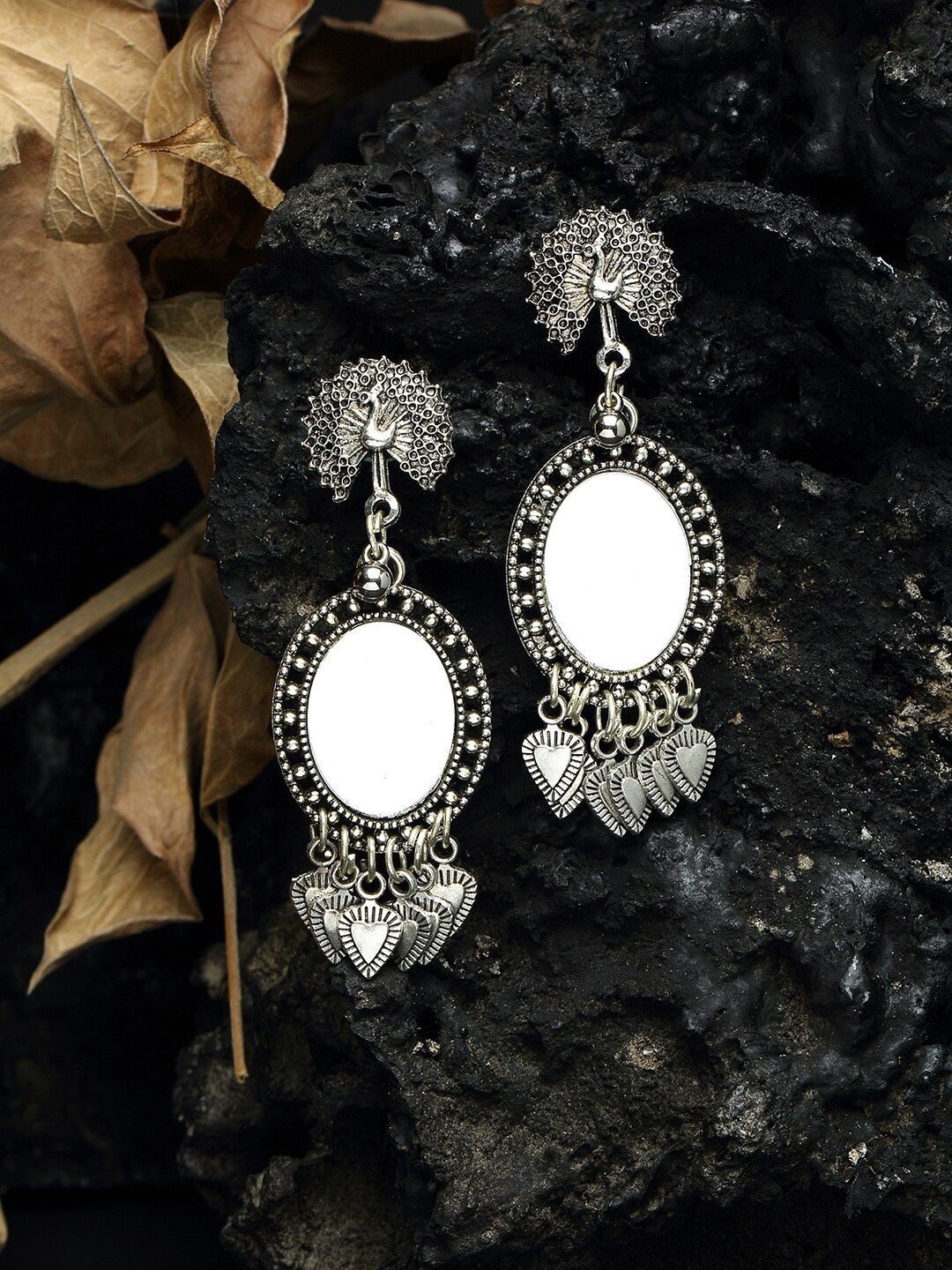 

Moedbuille Mirror Studded Chandelier Design Oxidised Silver Plated Handcrafted Earrings
