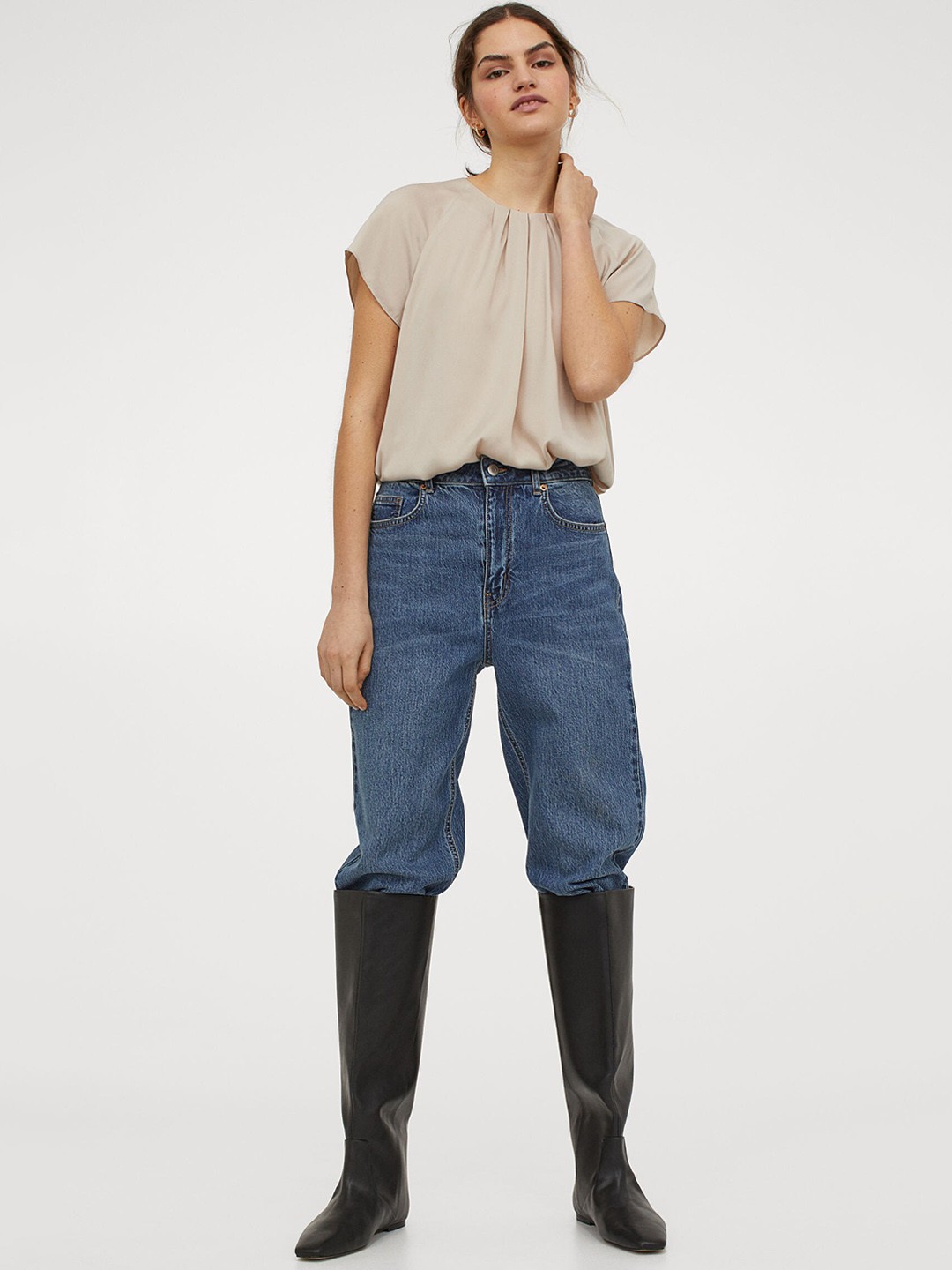 

H&M Women Beige Solid Pleat-Detail Blouse