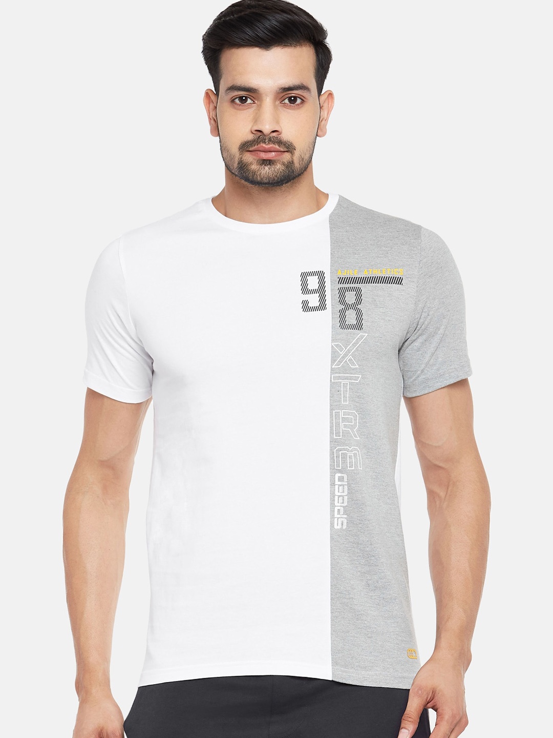 

Ajile by Pantaloons Men White & Grey Colourblocked Slim Fit Round Neck T-shirt