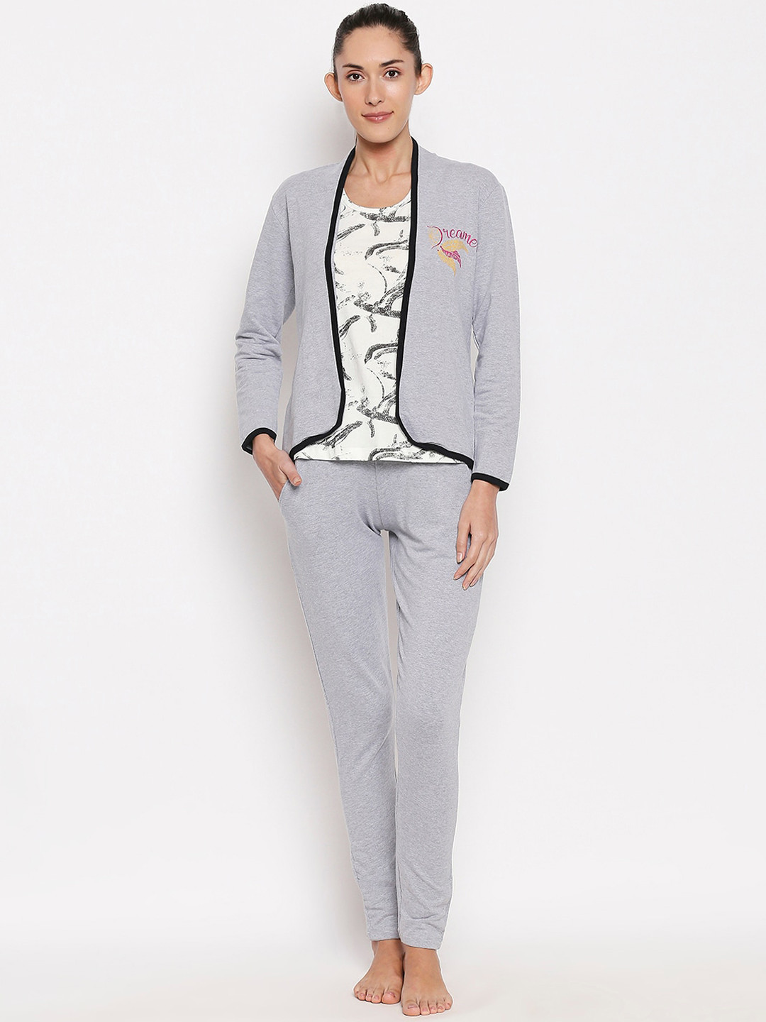 

XIN Women Grey & White Solid Night suit