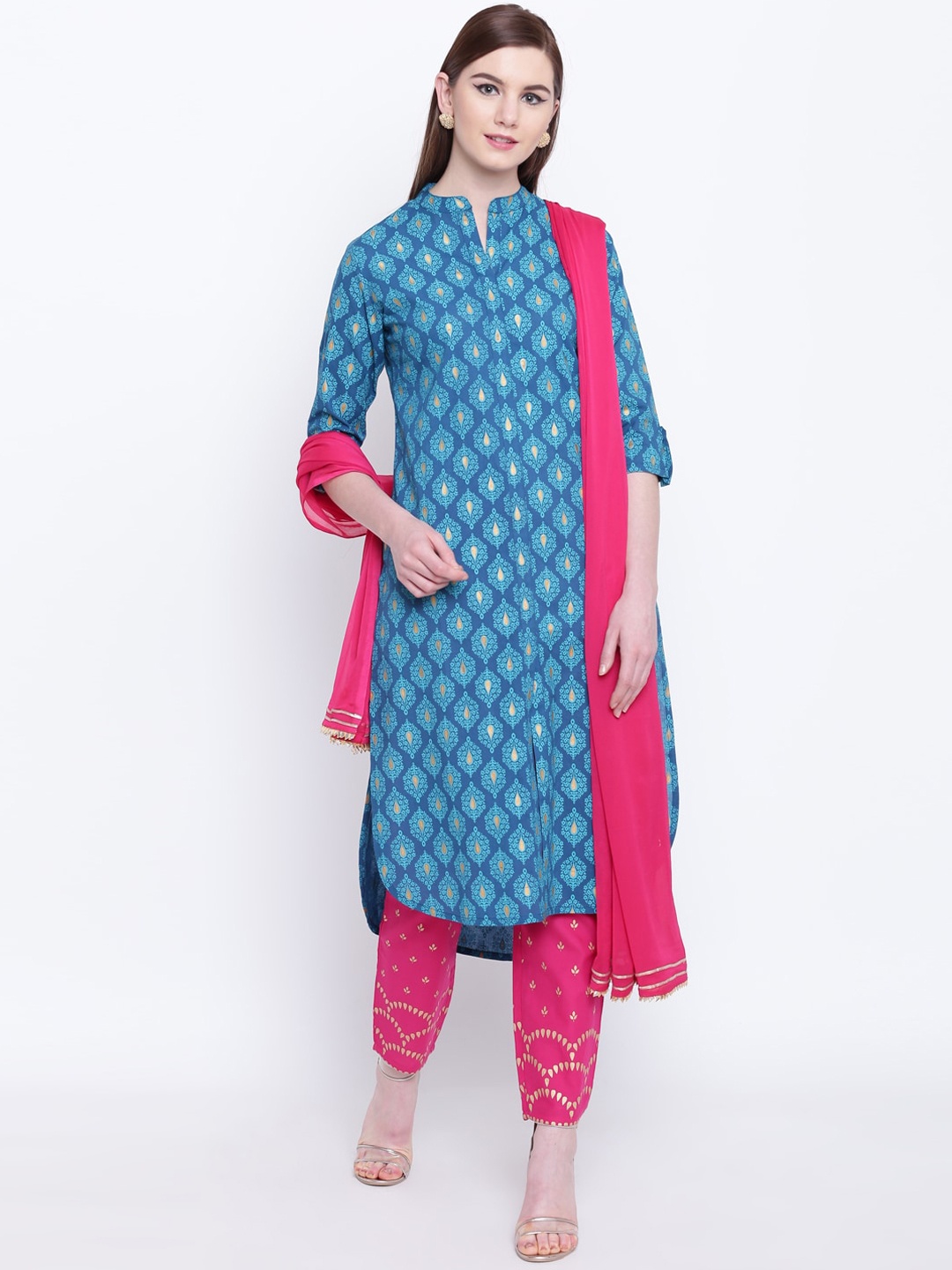 

Khushal K Women Blue & Gold-Coloured Printed Kurta with Trousers & Dupatta