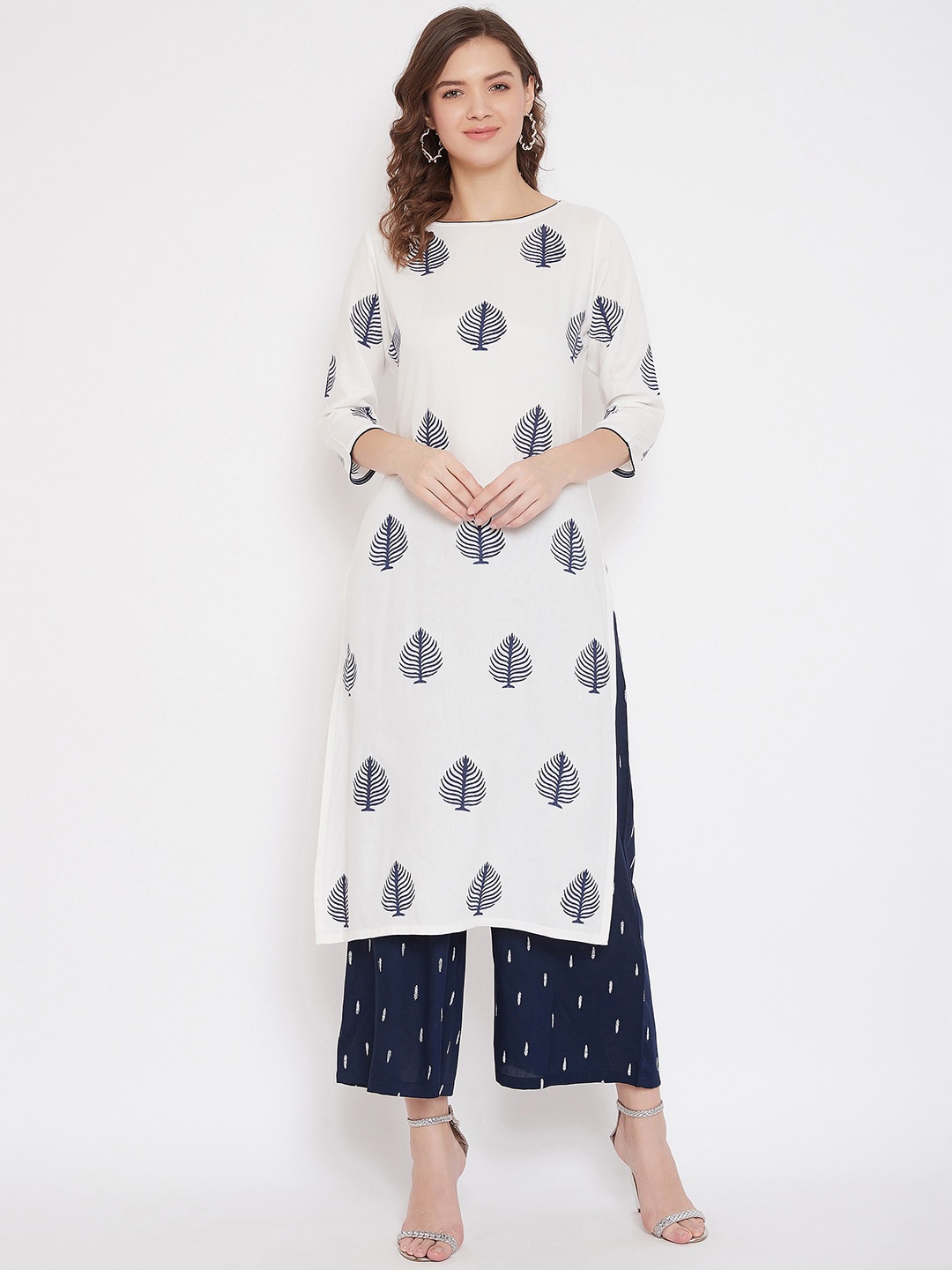 

Bitterlime Women White & Navy Blue Block Printed Kurta with Palazzos