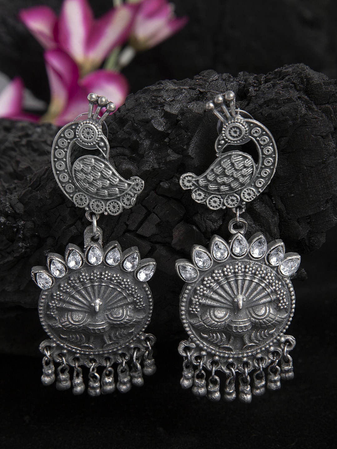 

Moedbuille White Stone Studded Peacock Design Oxidised Silver Plated Handcrafted Tribal Chandbalis, Metallic
