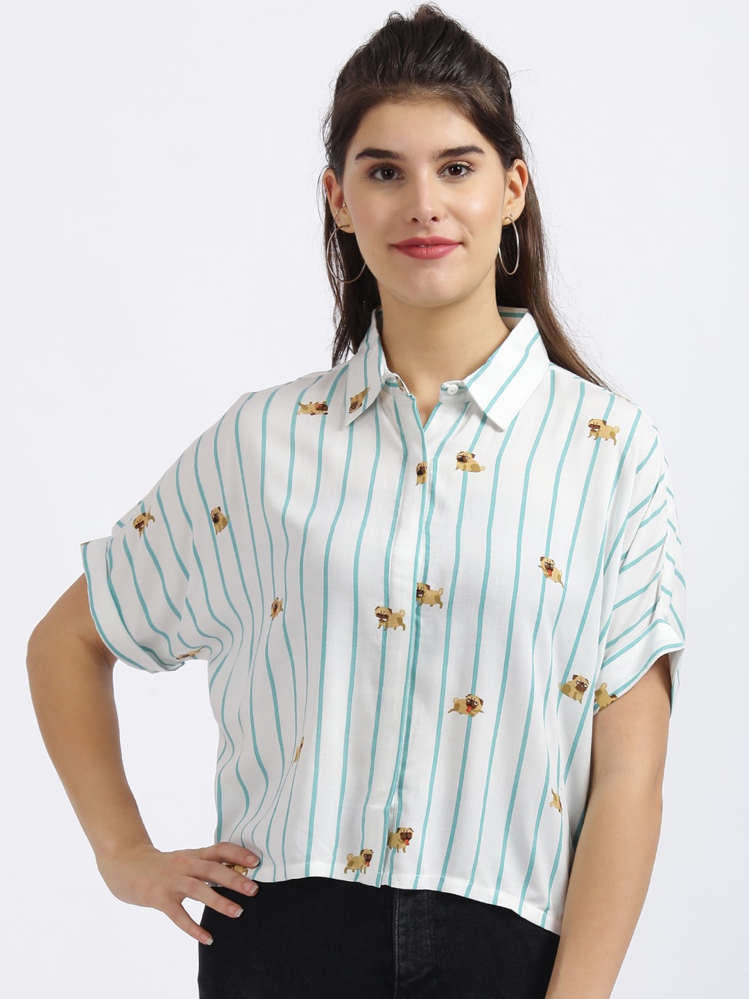 

Zink London Women White Regular Fit Striped Casual Shirt