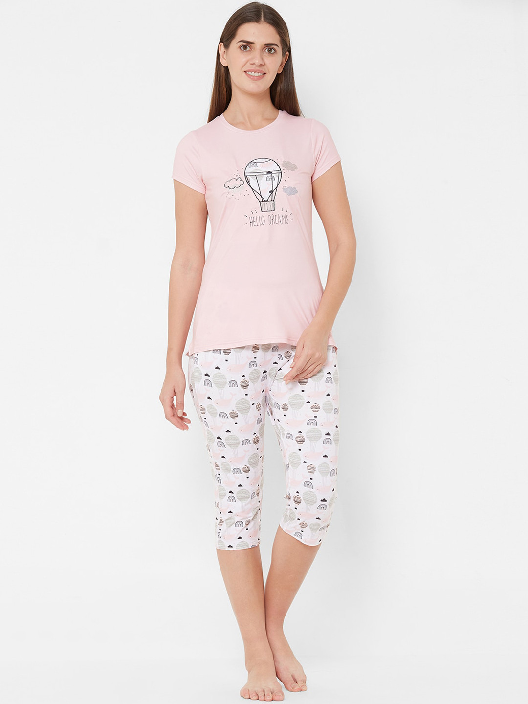 

Sweet Dreams Women Pink & White Printed Night Suit 2128CU