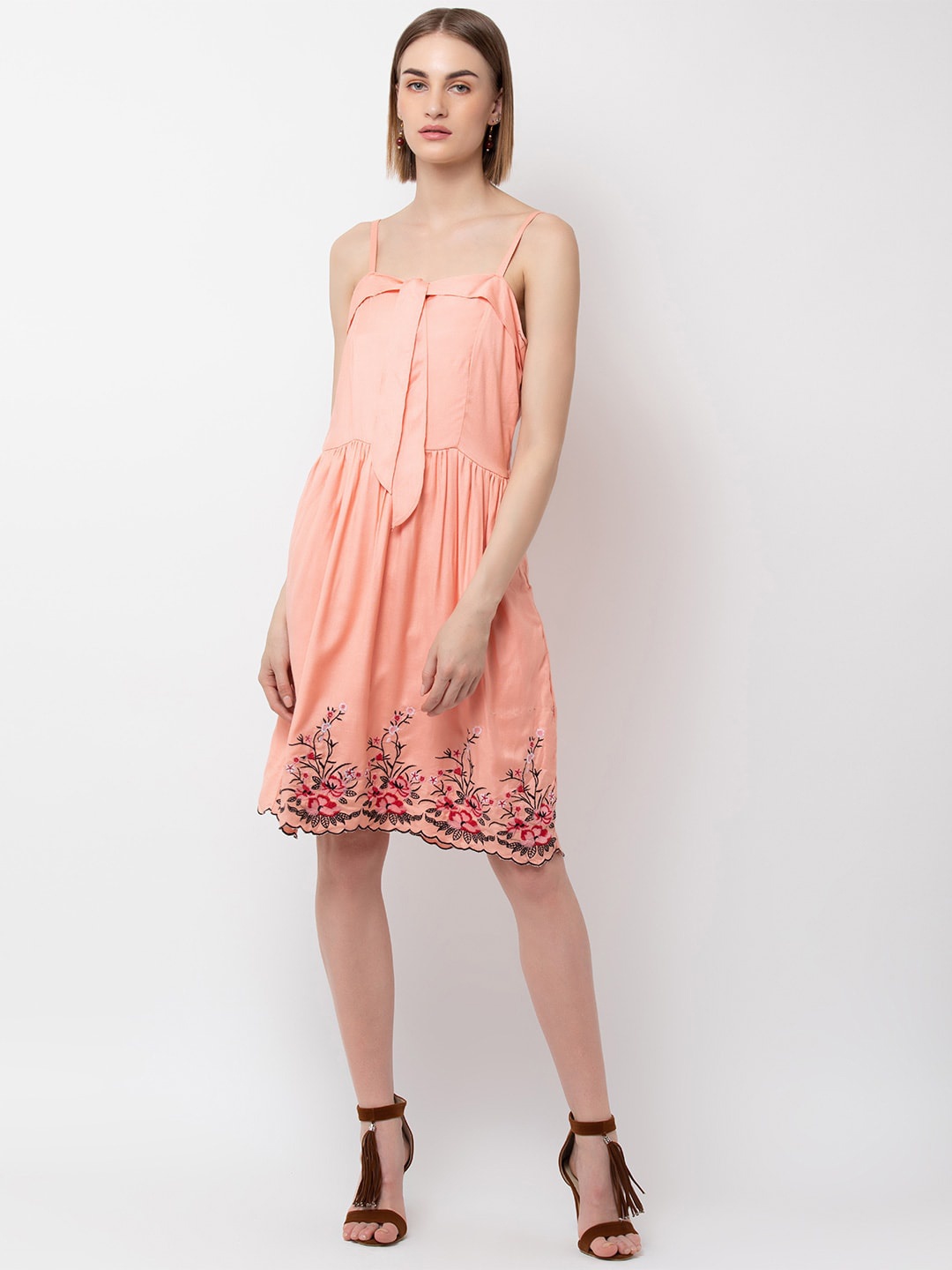 

DODO & MOA Women Coral Solid A-Line Dress