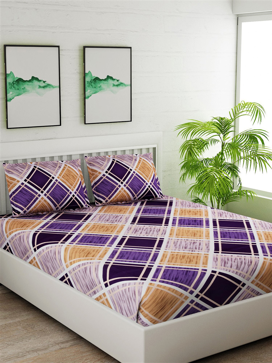

Salona Bichona Purple & Yellow Geometric 180 TC Cotton 1 Queen Bedsheet with 2 Pillow Covers