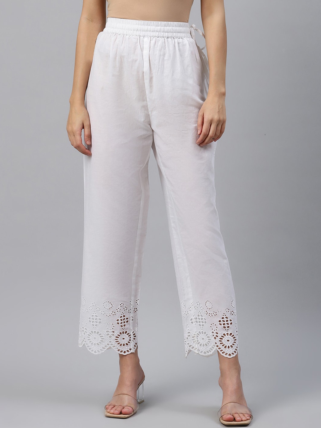 

Varanga Women White Regular Fit Embroidered Regular Trousers