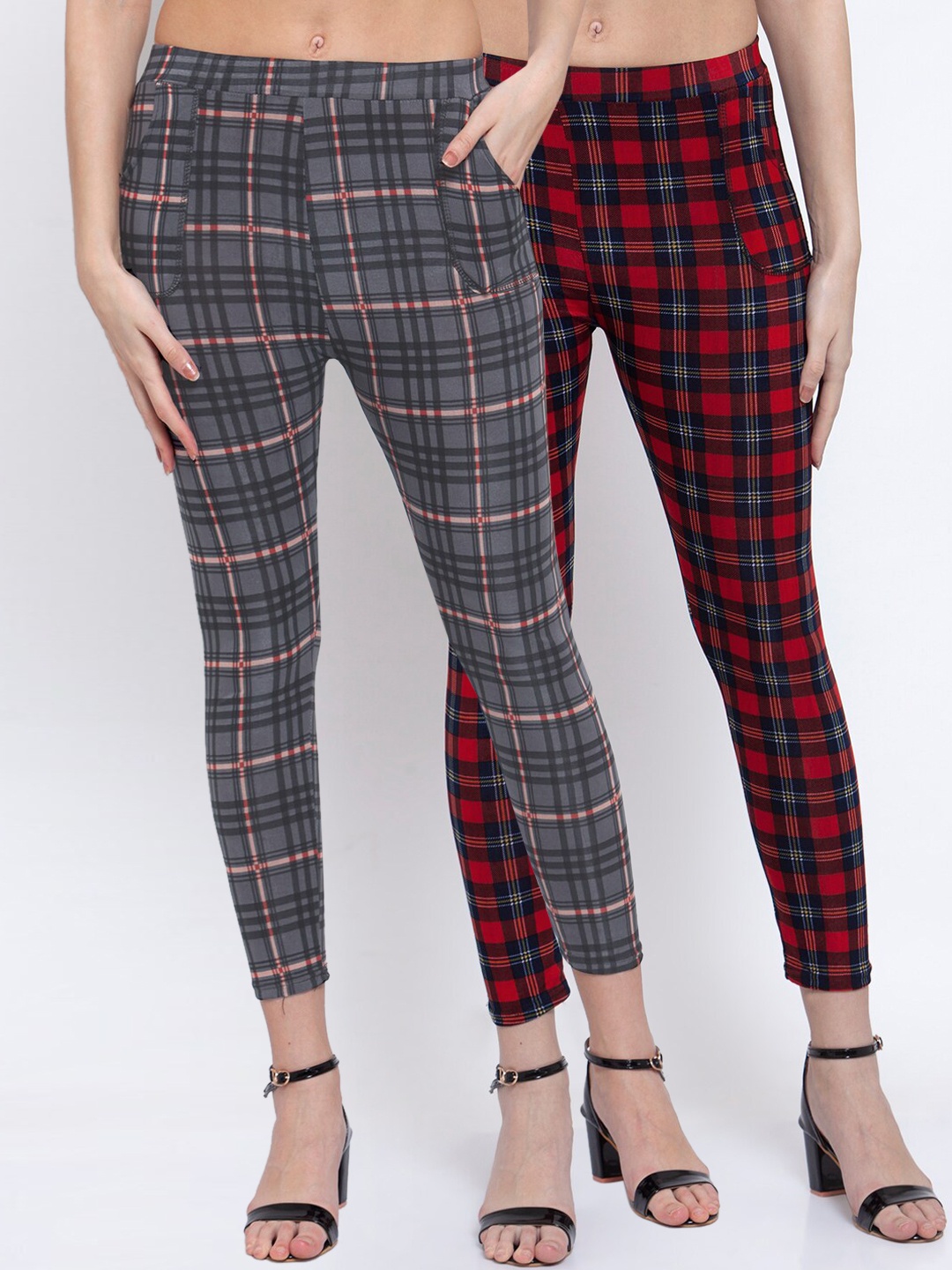 

KLOTTHE Women Pack Of 2 Checked Skinny Fit Treggings, Red