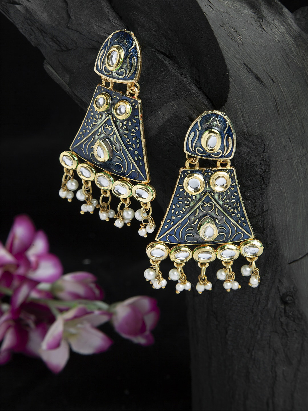 

Moedbuille Kundan Studded Handpainted Blue Meenakari Design Gold Plated Handcrafted Brass Jhumkas