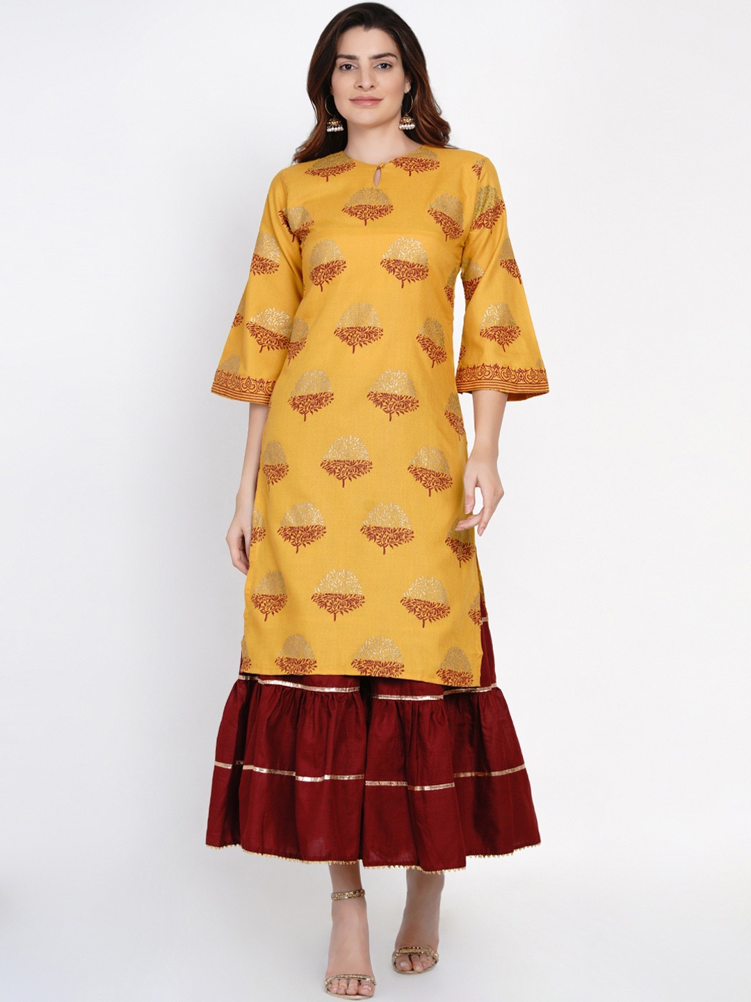 

Bhama Couture Women Mustard Yellow & Maroon Printed Kurta with Sharara