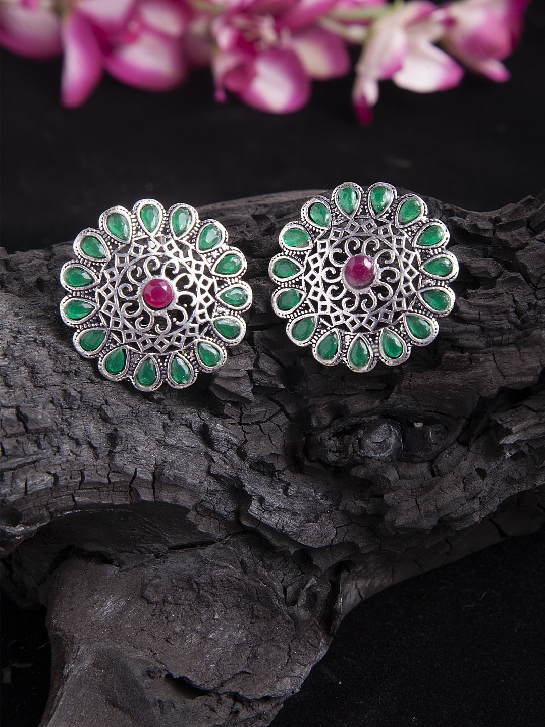 

Moedbuille Green and Pink Stone Studded Filigree Work Oxidised Silver Plated Handcrafted Studs