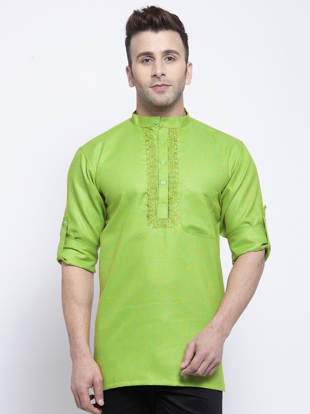 

KLOTTHE Floral Yoke Design Mandarin Collar Roll Up Sleeves Thread Work Cotton Kurta, Green