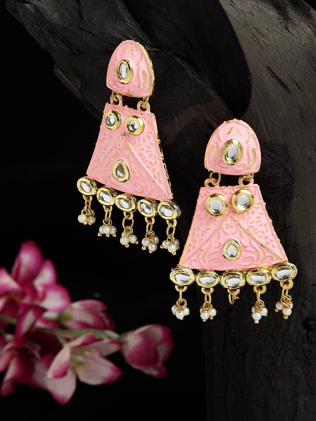 

Moedbuille Kundan Studded Handpainted Pink Meenakari Design Gold Plated Handcrafted Brass Jhumkas