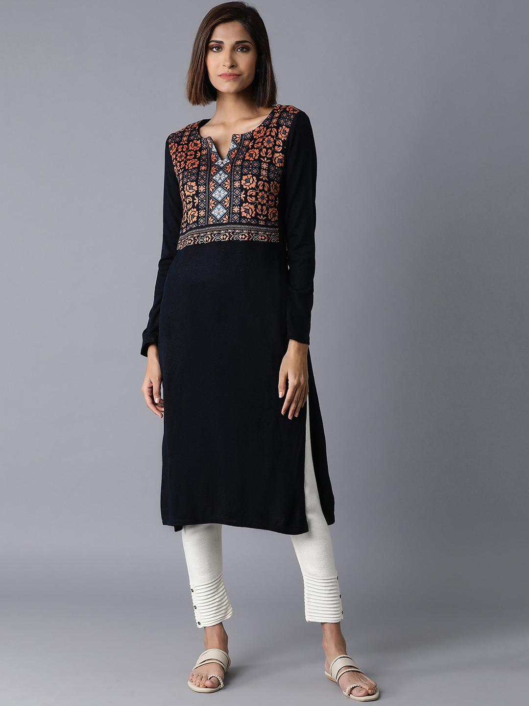 

W Women Navy Blue Ethnic Motifs Yoke Design Kurta