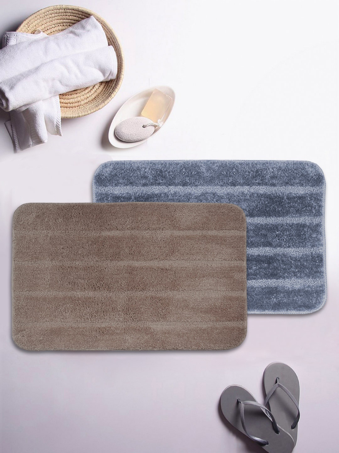 

BIANCA Set Of 2 Striped 1850 GSM Anti-Skid Bath Rugs, Brown
