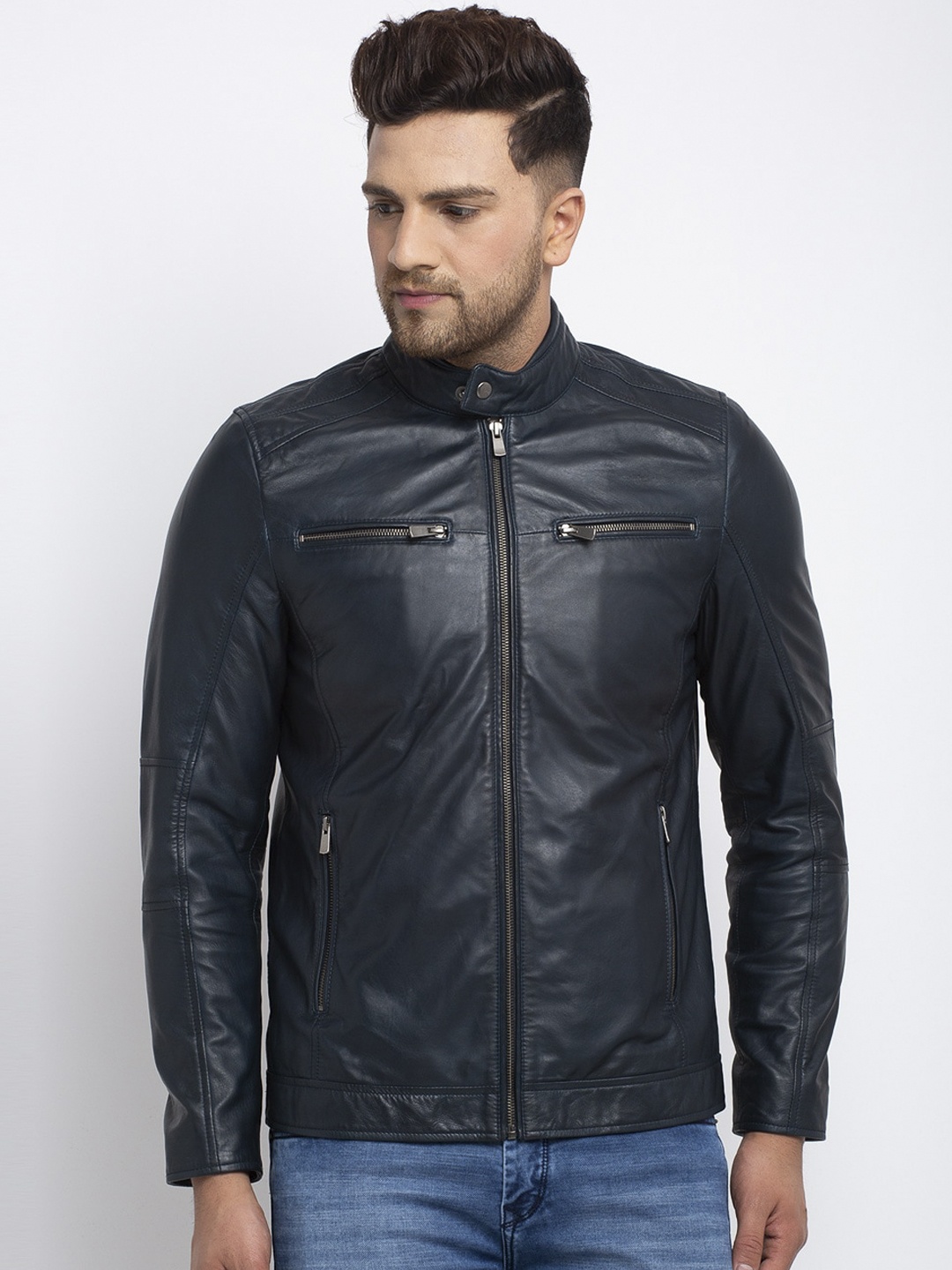 

Teakwood Leathers Men Blue Solid Lightweight Leather Jacket