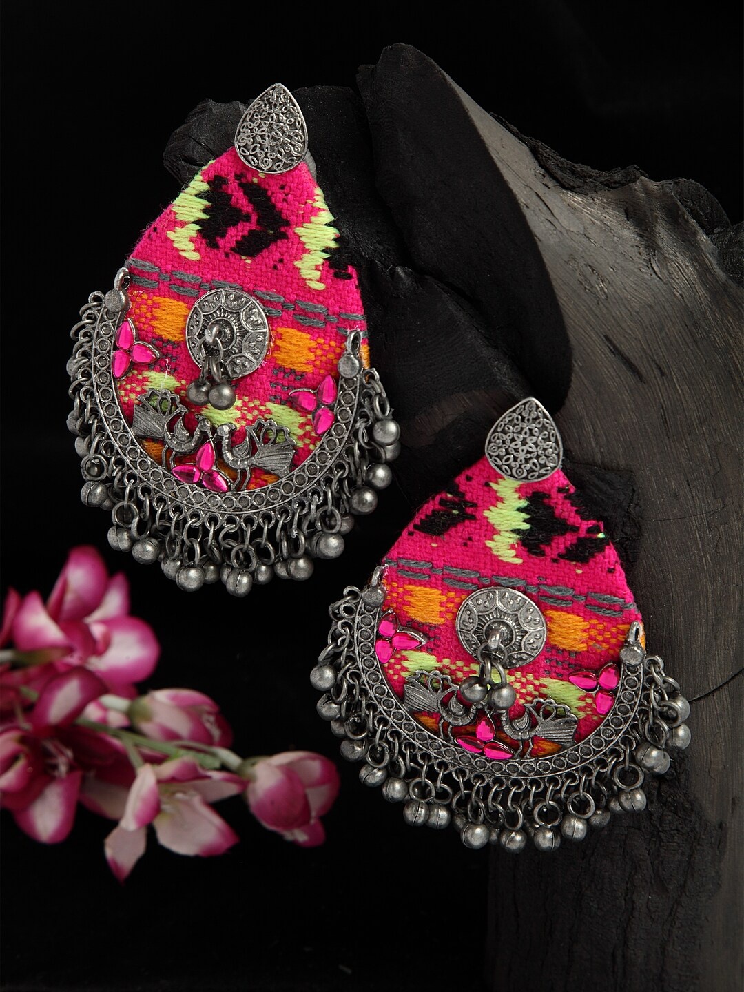 

Moedbuille Pink Stone Studded Handwoven Tribal Design Oxidised Silver Plated Handcrafted Chandbalis