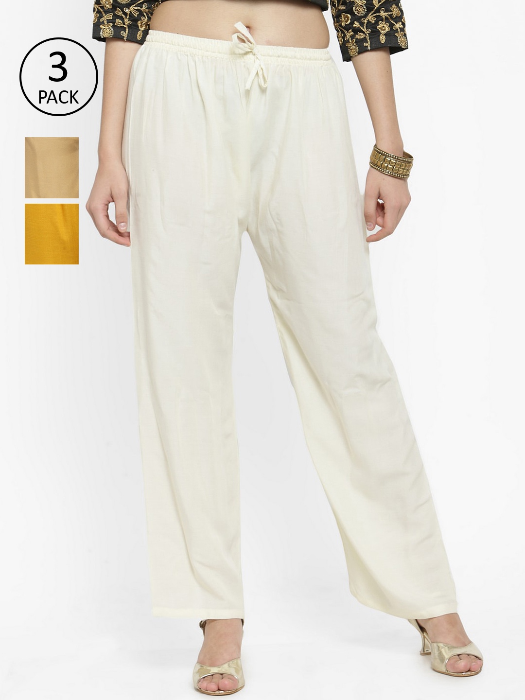 

Clora Creation Women Pack Of 3 Solid Wide Leg Palazzos, Off white