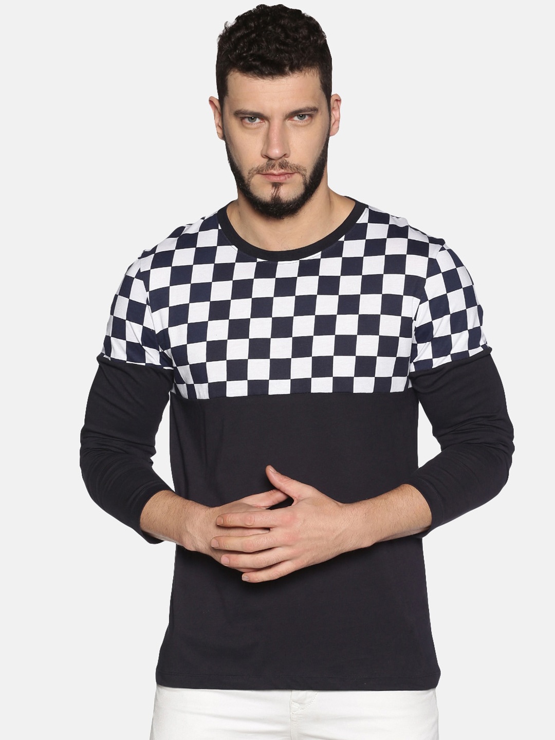 

UrGear Men Navy Blue White Checked Round Neck Cotton Pure Cotton T-shirt