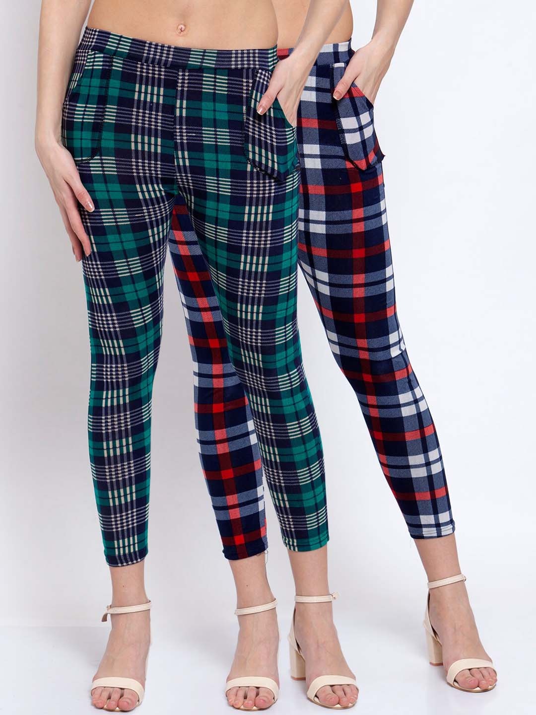 

KLOTTHE Women Pack Of 2 Checked Skinny-Fit Treggings, Navy blue