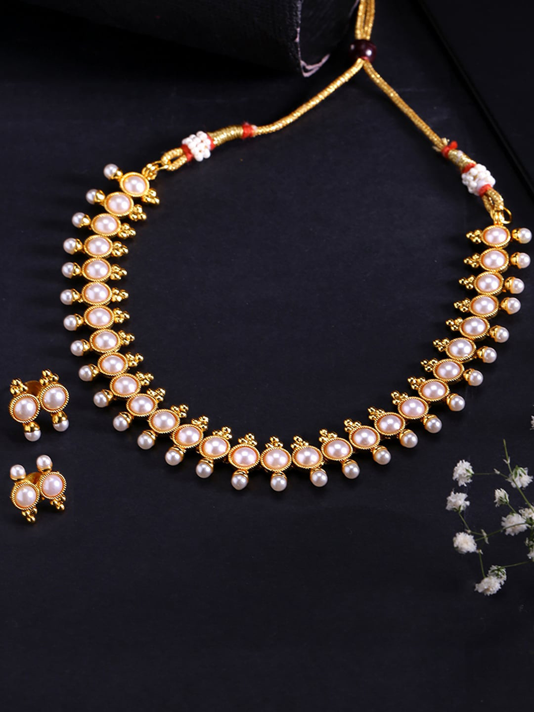 

Yellow Chimes Gold-Plated & White Pearl-Studded Handcrafted Jewellery Set