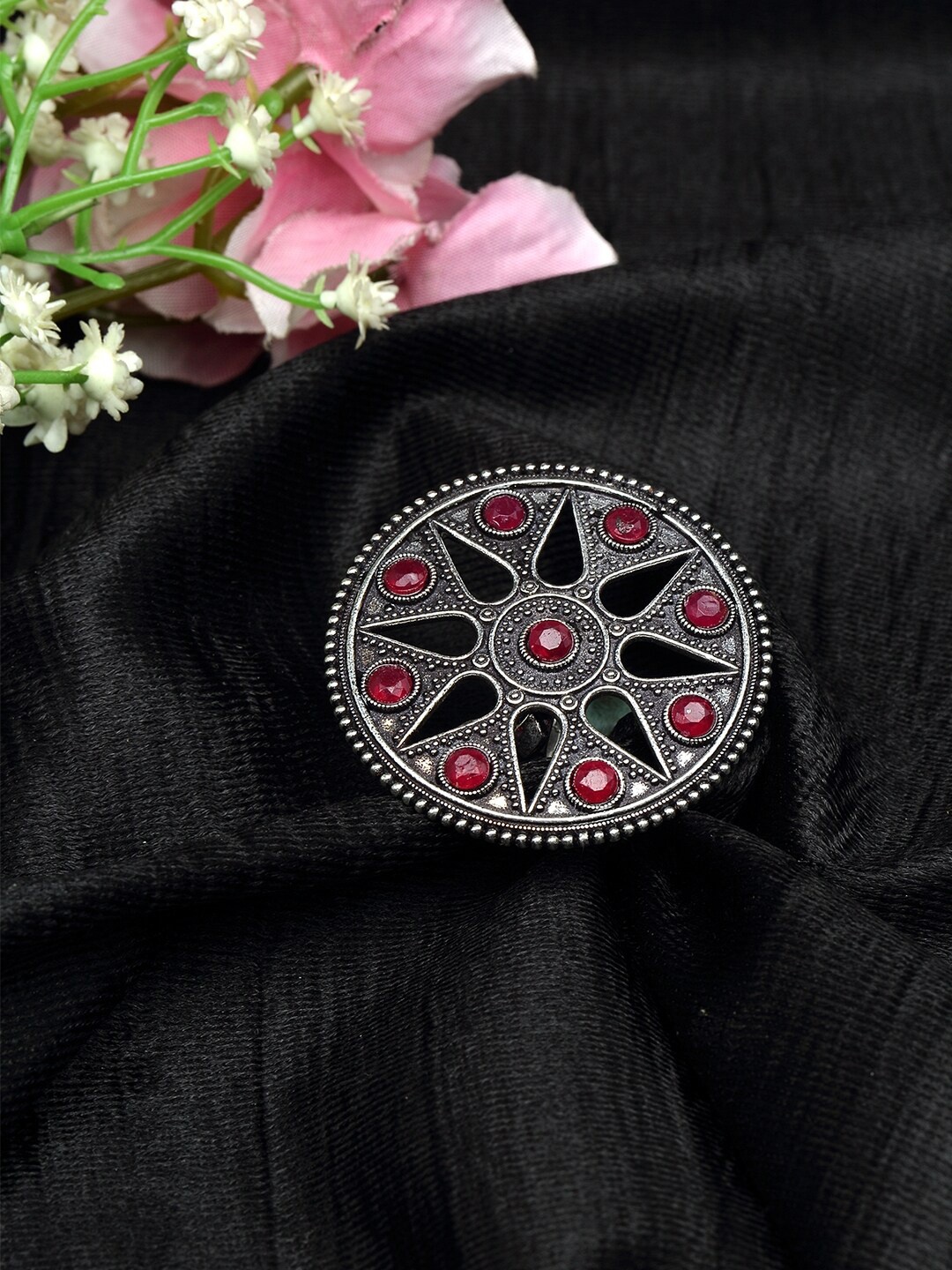 

Moedbuille Pink Stones Studded Oxidised Silver Plated Filigree Work Handcrafted Finger Ring