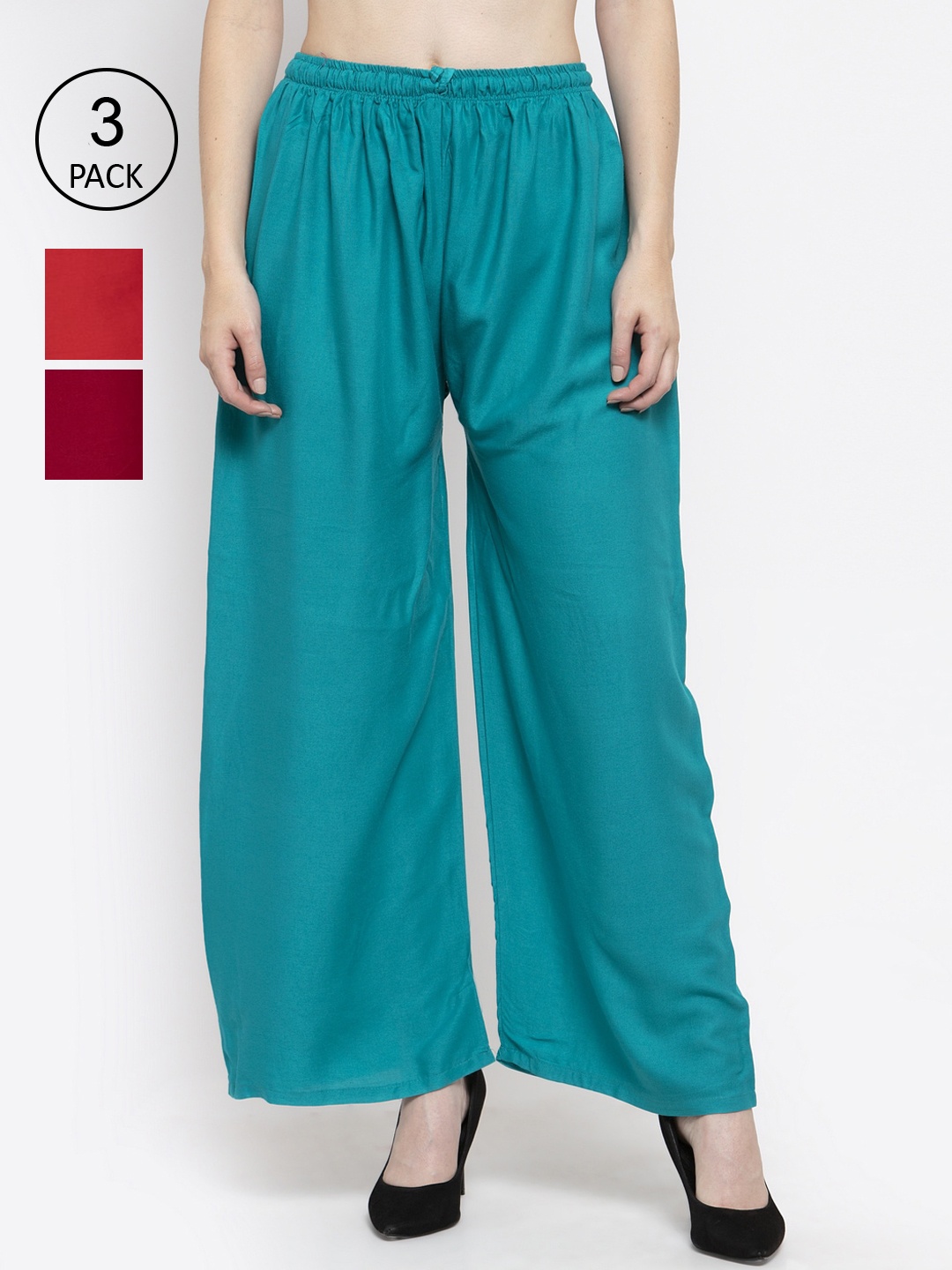 

Clora Creation Women Pack Of 3 Solid Wide Leg Palazzos, Turquoise blue