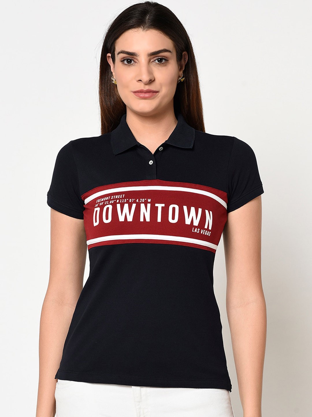 

METTLE Women Navy Blue Printed Polo Collar T-shirt