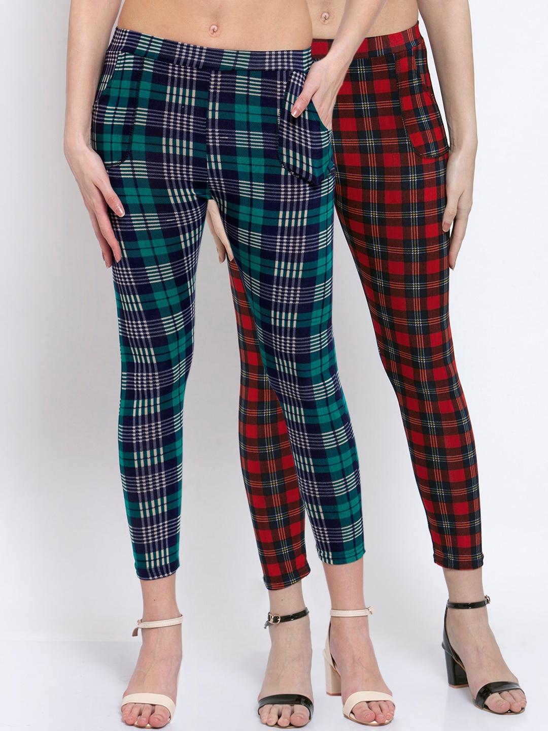

KLOTTHE Women Pack Of 2 Multicoloured Checked Skinny-Fit Treggings, Multi