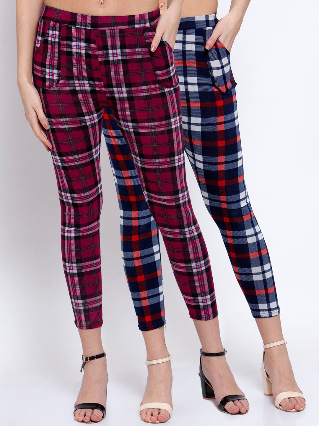 

KLOTTHE Women Pack Of 2 Checked Skinny Fit Treggings, Maroon