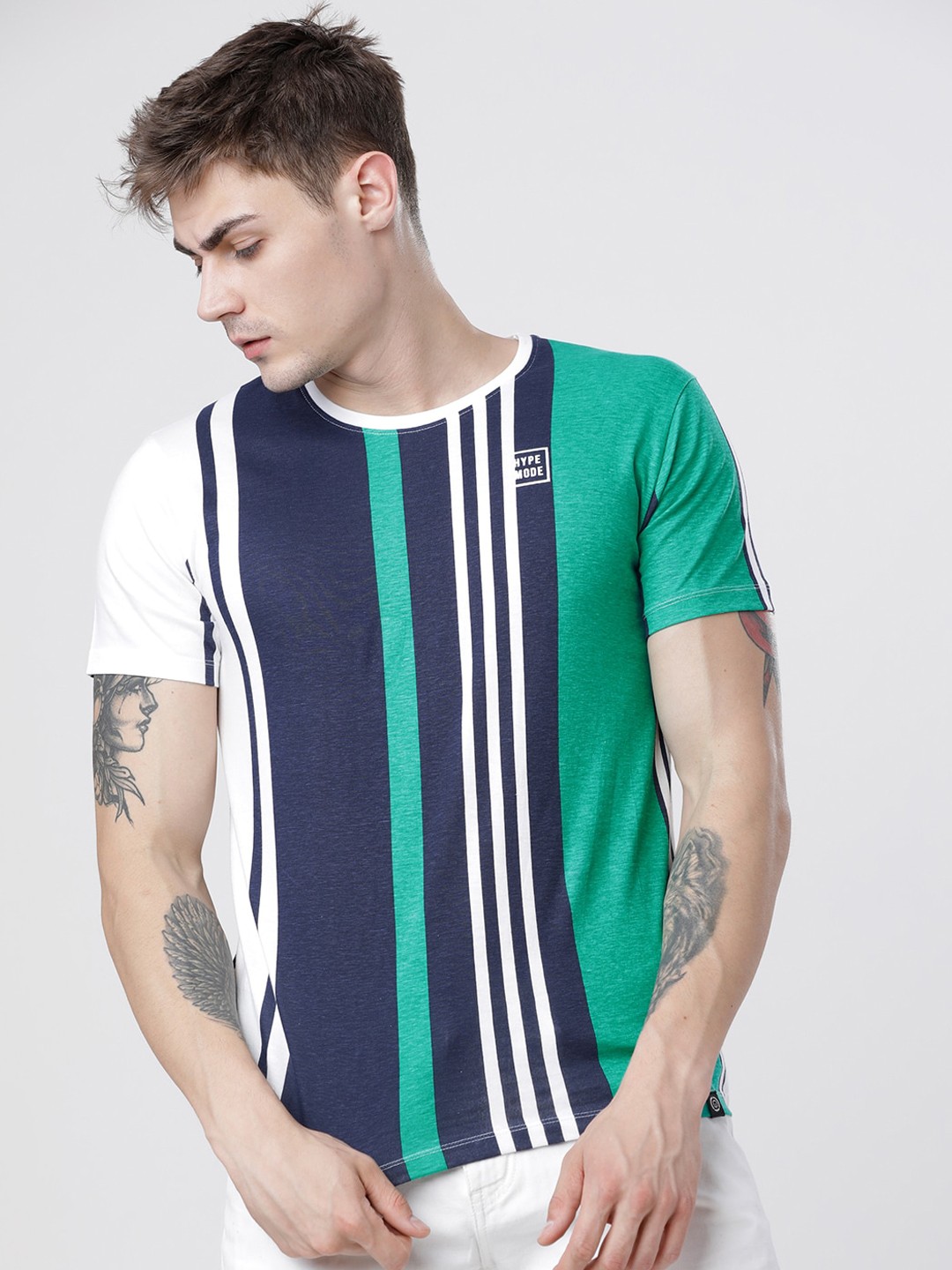 

LOCOMOTIVE Men Green Striped Round Neck T-shirt