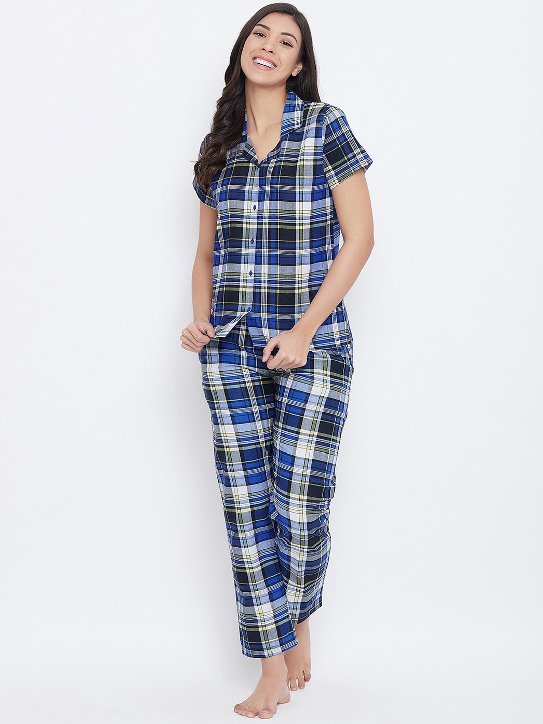 

Clovia Women Blue & Black Checked Night Suit