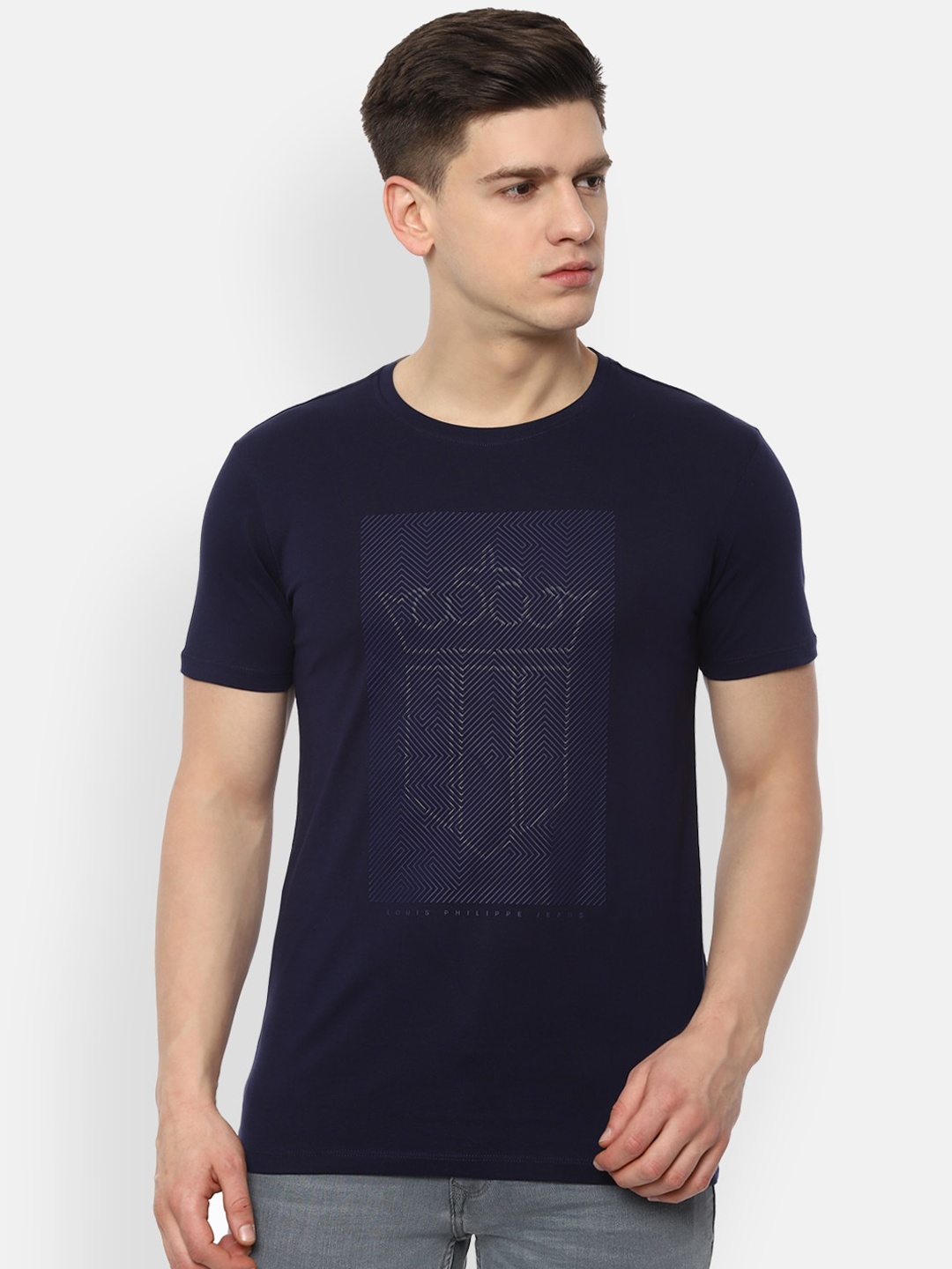 

Louis Philippe Jeans Men Navy Blue Printed Round Neck Cotton Pure Cotton T-shirt