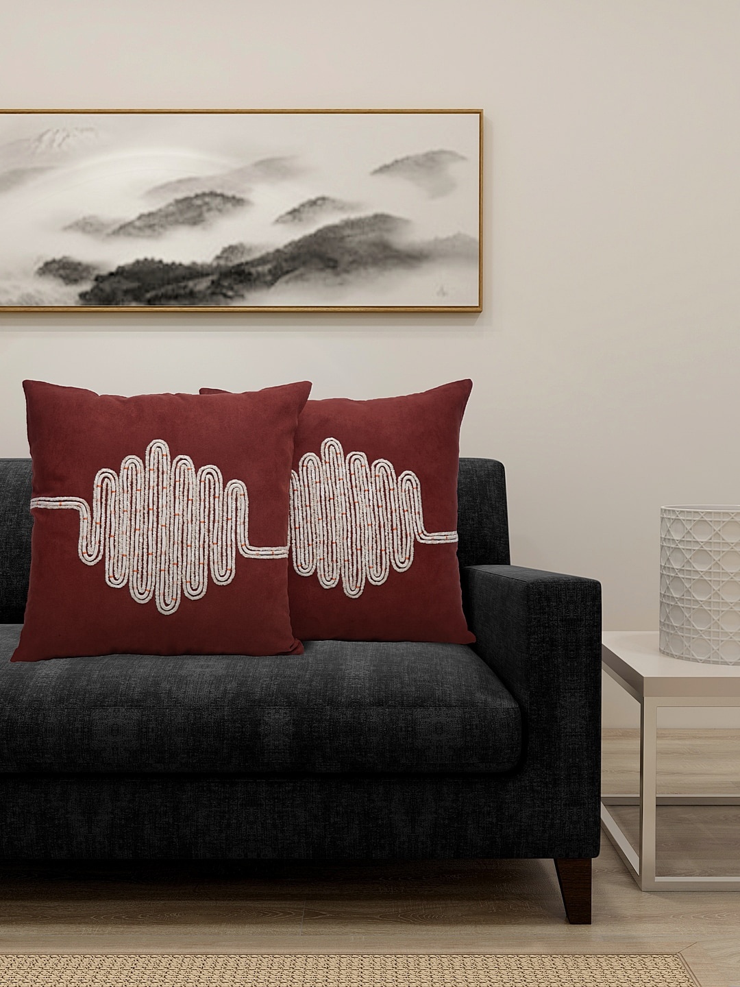 DECOREALM Set of 2 Rust Red & Cream-Coloured Embroidered Square Cushion Covers