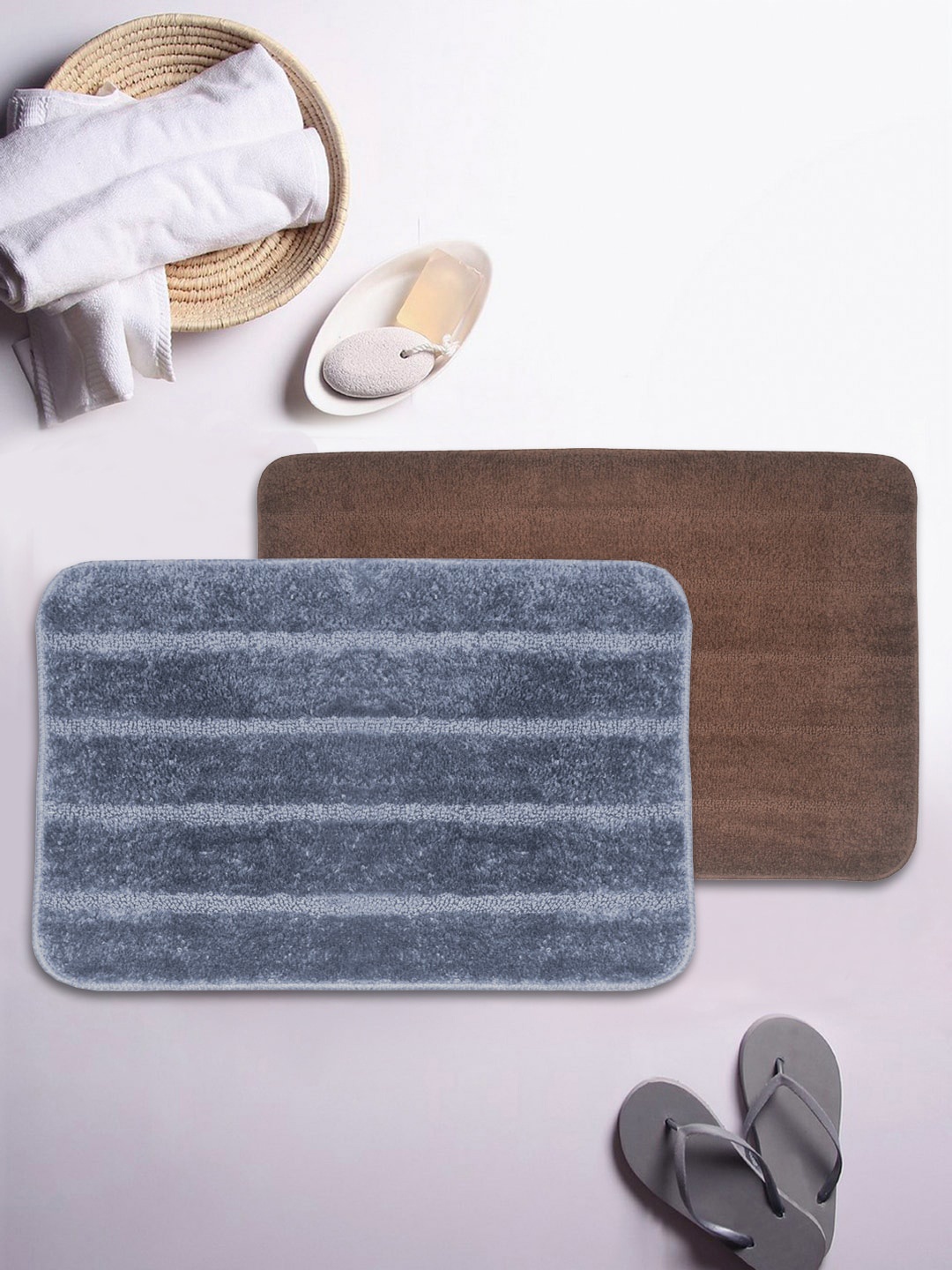 

BIANCA Set of 2 Grey & Brown Striped 1850 GSM Anti-Skid Bath Rugs