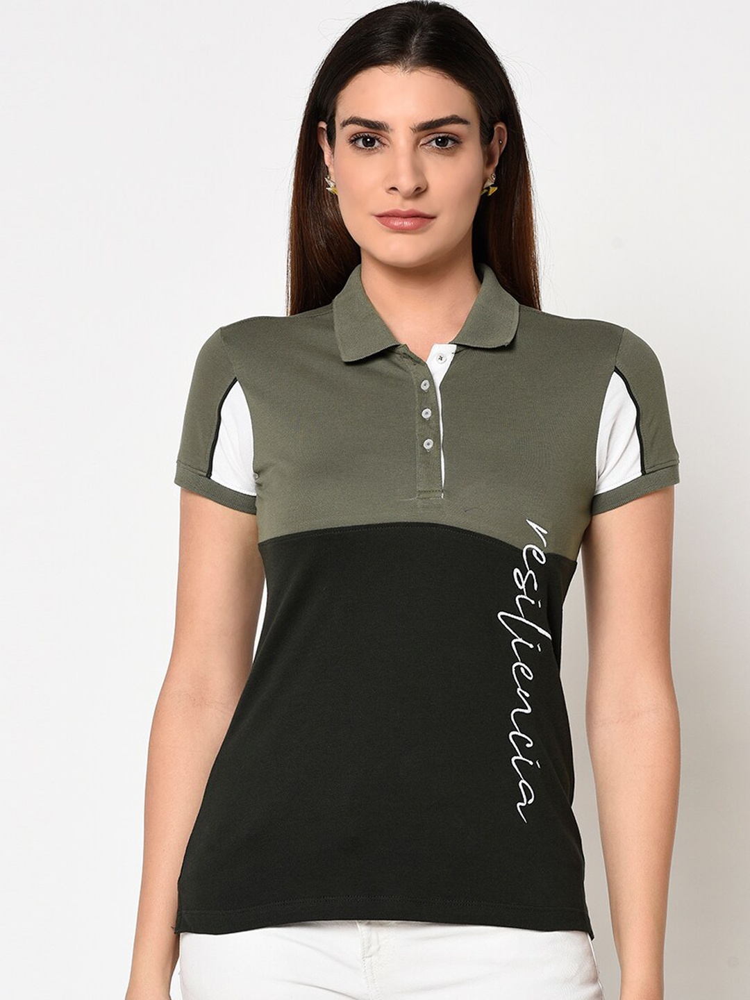 METTLE Women Olive Green Printed Polo Collar T-shirt