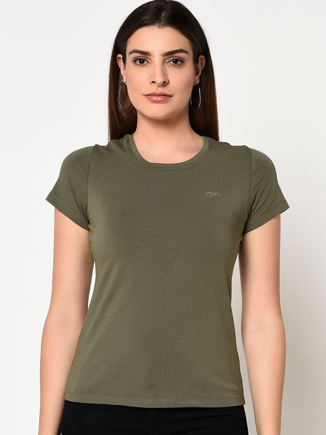 

METTLE Women Olive Green Solid Round Neck T-shirt
