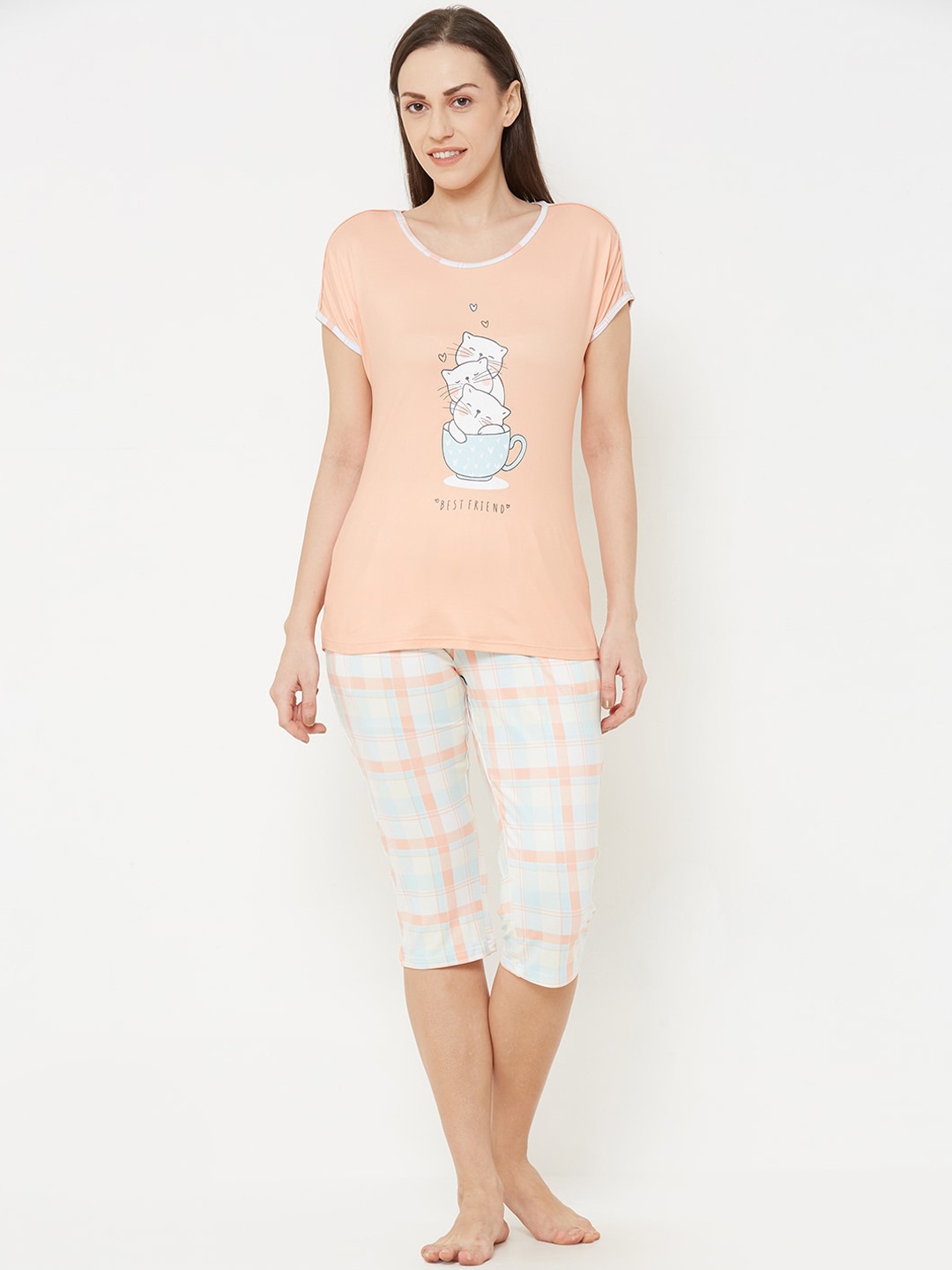 

Sweet Dreams Women Peach-Coloured & White Printed Night Suit 2130CU