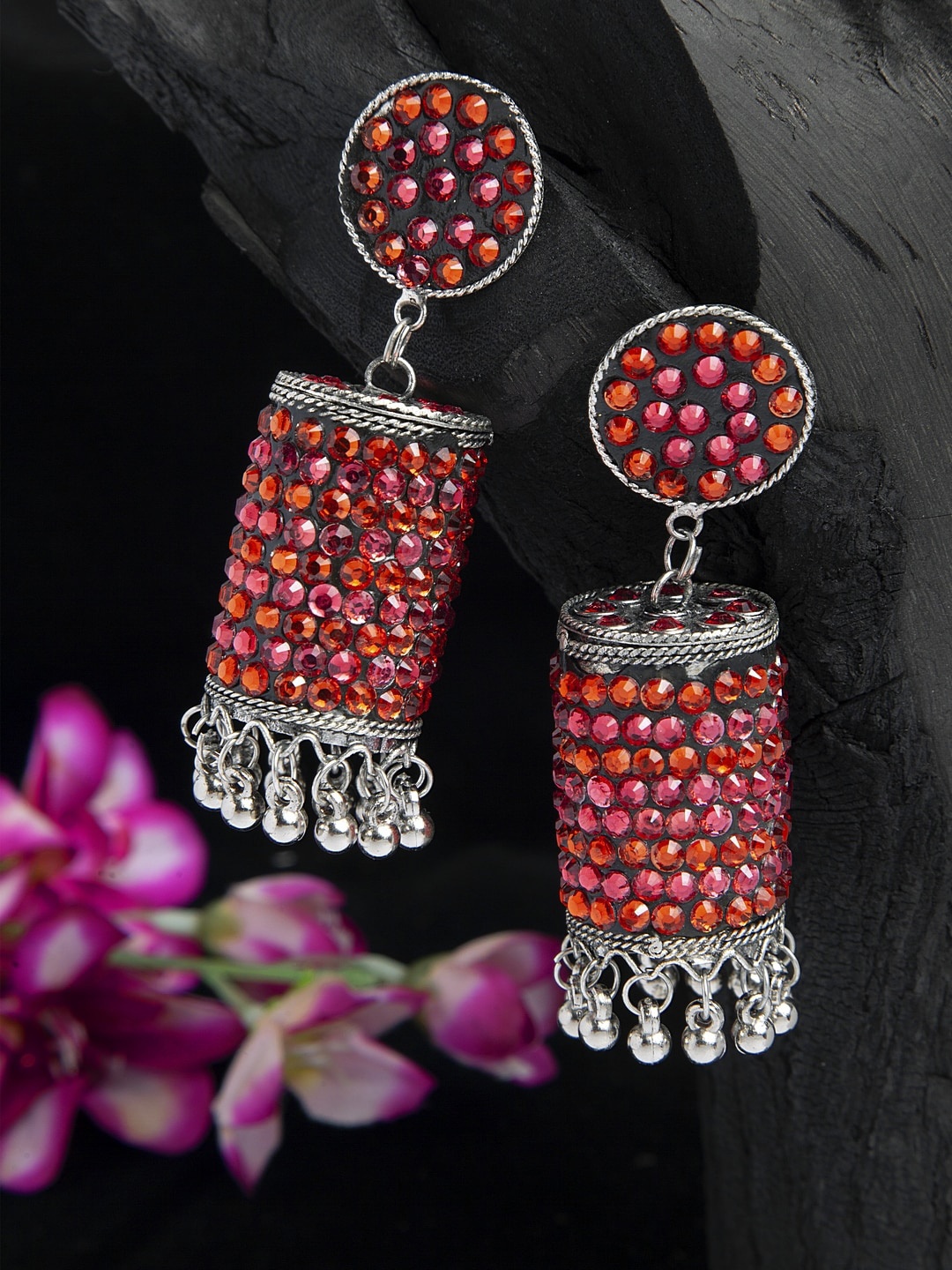

Moedbuille Pink & Orange Stones Afghan Tribal Design Handcrafted Oxidised Silver Plated Jhumkas