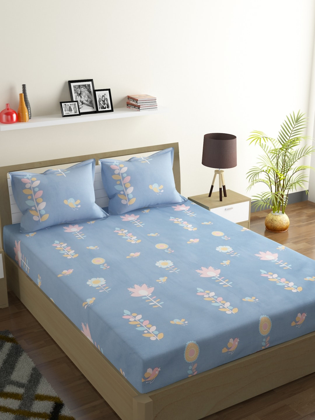 

ROMEE Blue & Pink Floral 144 TC Microfiber 1 Queen Bedsheet with 2 Pillow Covers