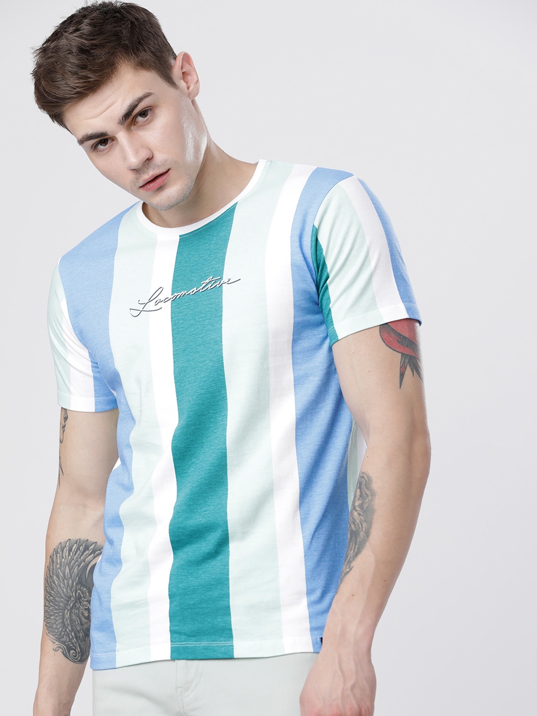 

LOCOMOTIVE Men Green & White Striped Round Neck T-shirt