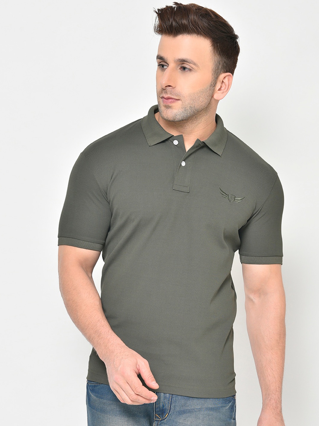 

PERFKT-U Men Olive Green Solid Polo Collar T-shirt