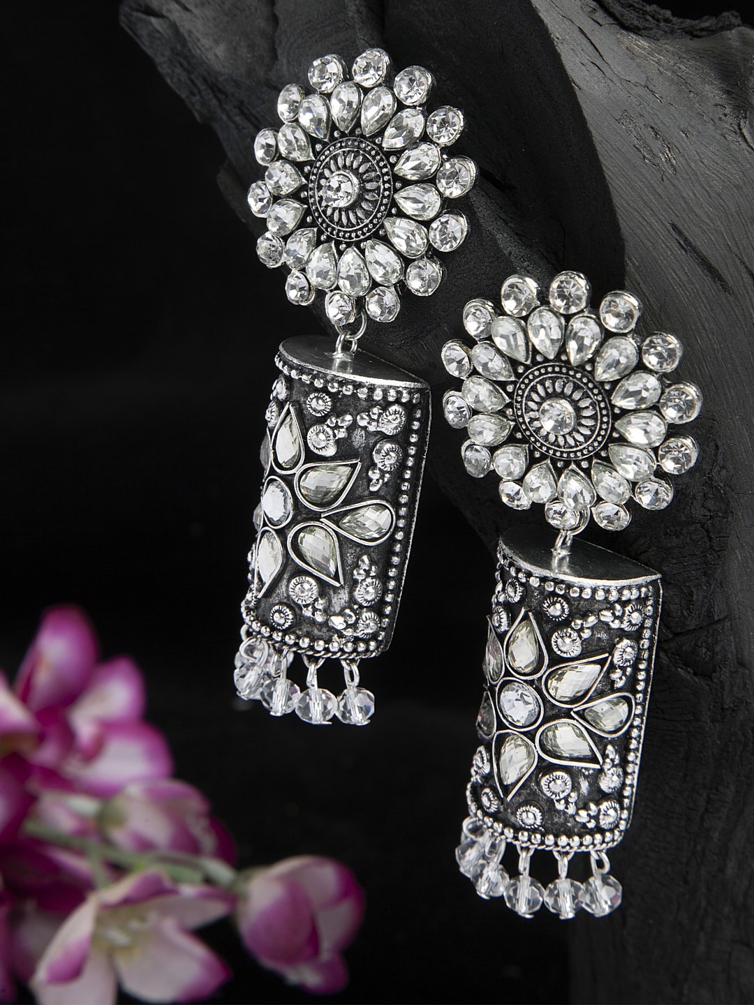 

Moedbuille Stones Studded Tribal Design Oxidised Silver Plated Handcrafted Jhumkas
