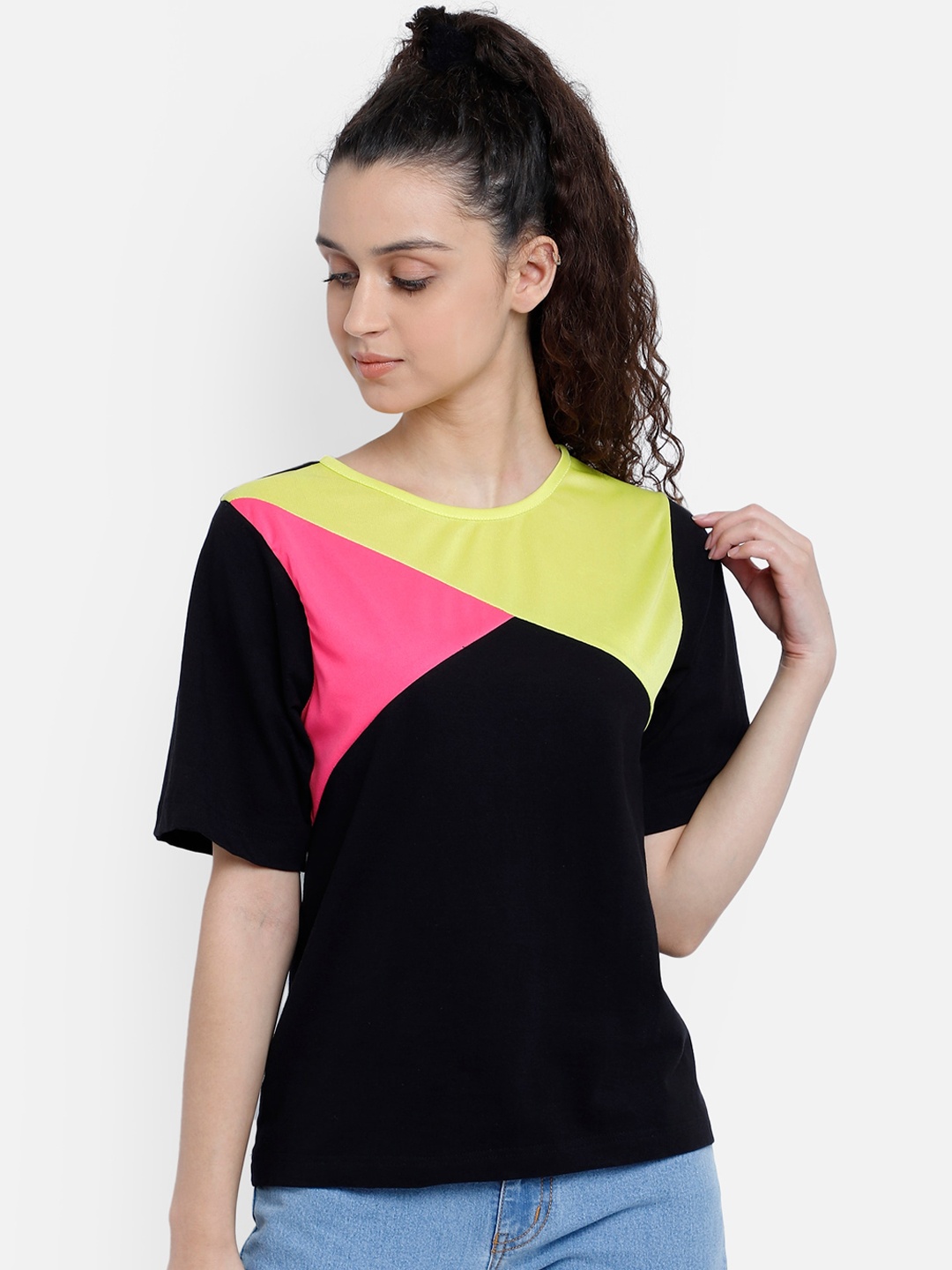 

Marzeni Black & Yellow Colourblocked Regular Top