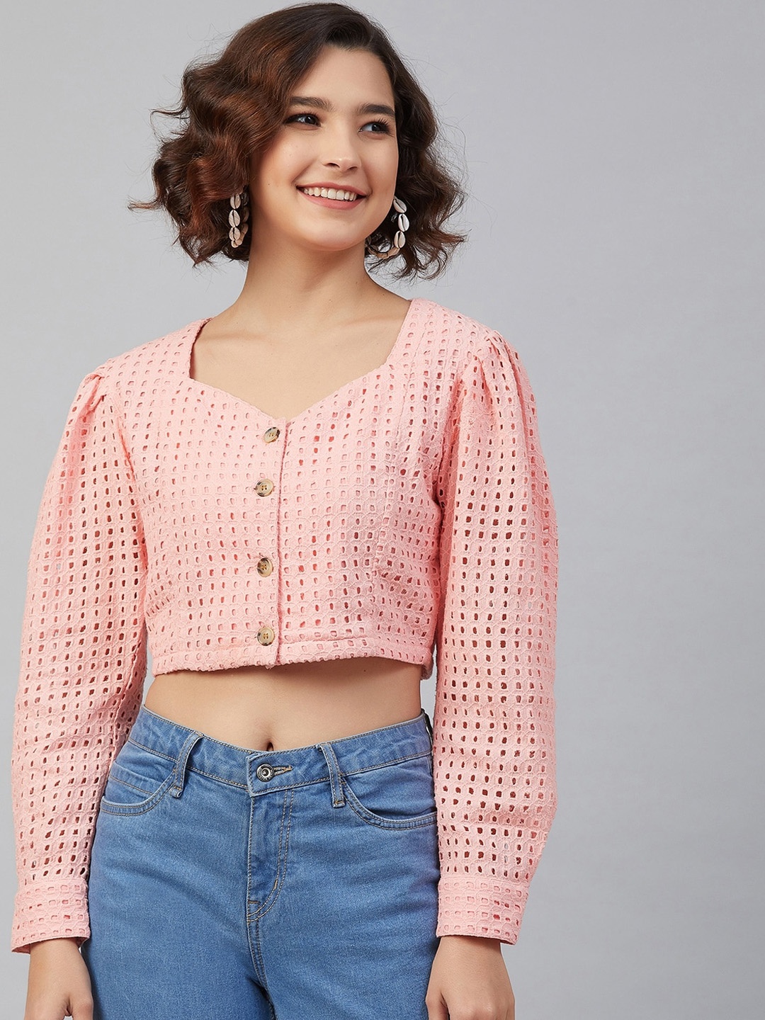 

Marie Claire Women Pink Self Design Pure Cotton Regular Crop Top