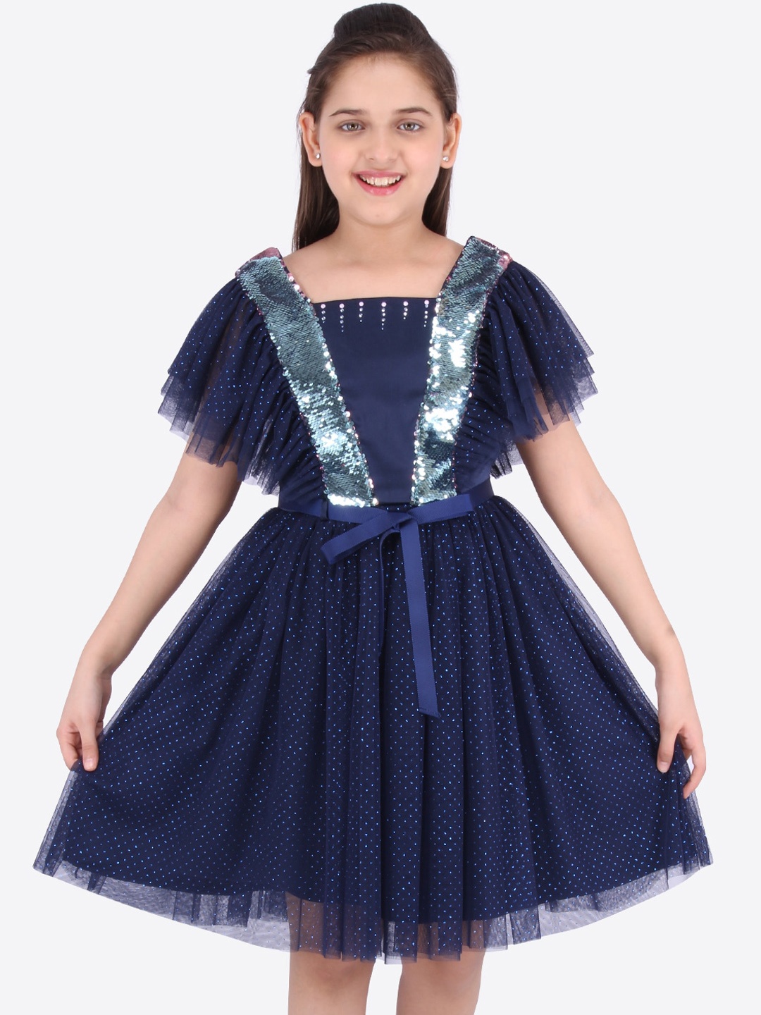 

CUTECUMBER Girls Navy Blue Self Design Fit and Flare Dress